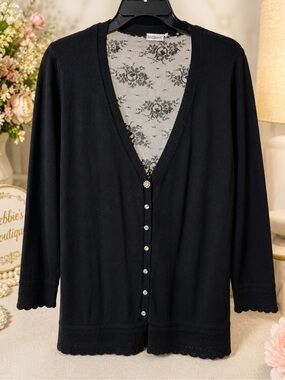 Harvé Bernard Black Lace Sequin Back Cardigan NWOT 20” PTP